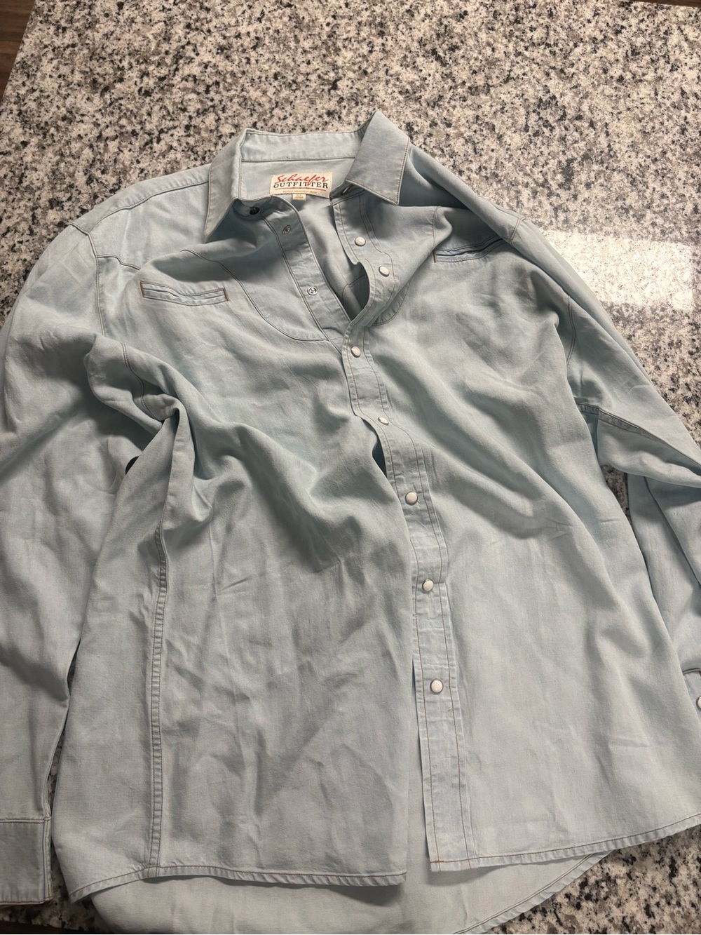 Schaefer Outfitter Light Wash Denim Western Pearl Snap Shirt - Vintage Style